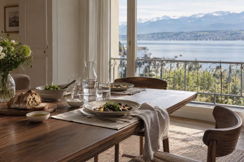 Table dressée dans un appartement aux grandes fenêtres ouvertes sur le lac, en lumière matinale.