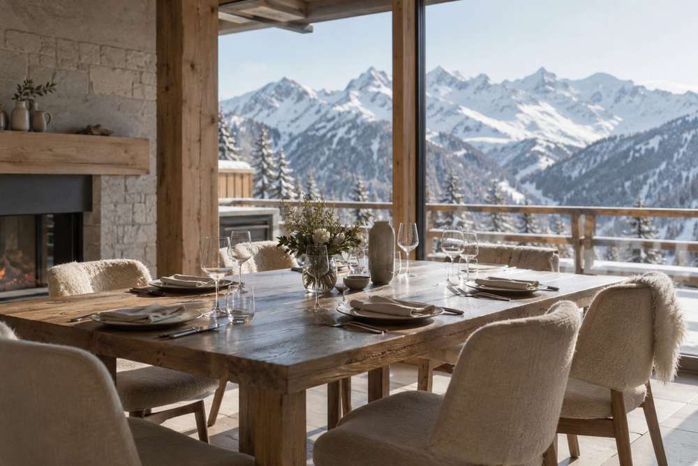 Table en bois et fauteuils crème dans un chalet contemporain ouvert sur les sommets enneigés.