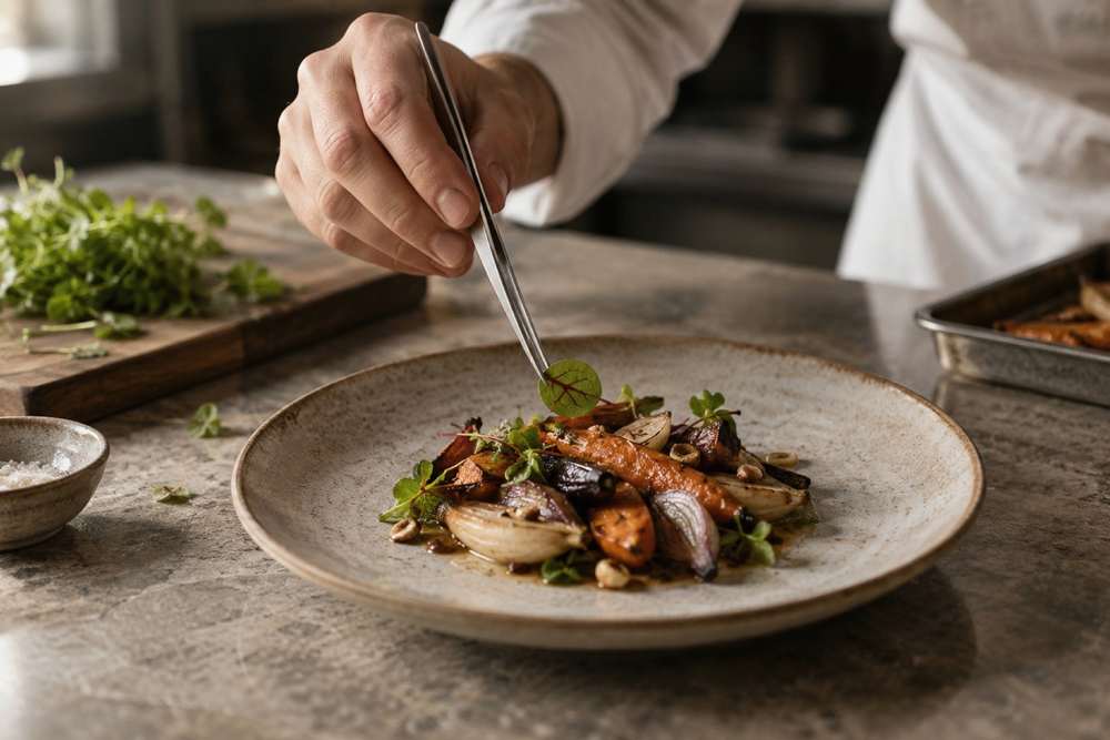 Main de chef déposant une feuille à la pince sur une assiette de légumes rôtis.