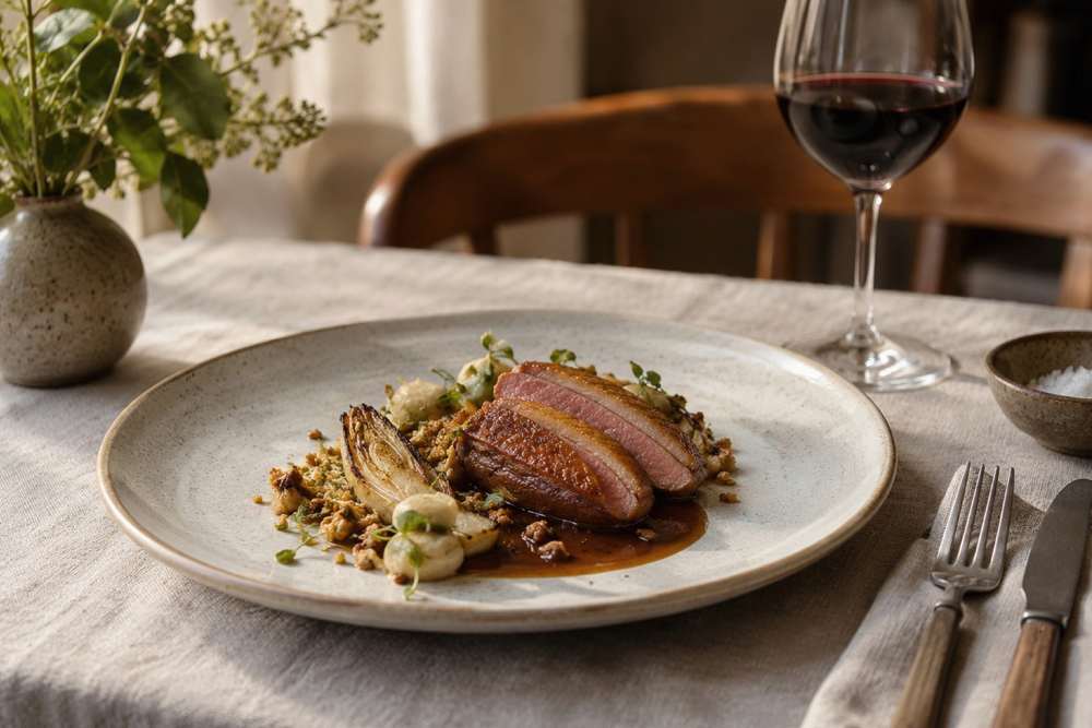 Tranches de canard rosé, légumes rôtis et jus brun dans une assiette en céramique.