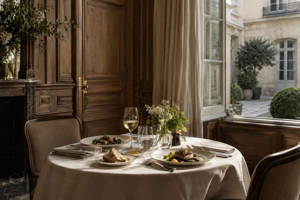 Salon d’hôtel particulier aux boiseries anciennes, table dressée et cour pavée visible par la fenêtre.