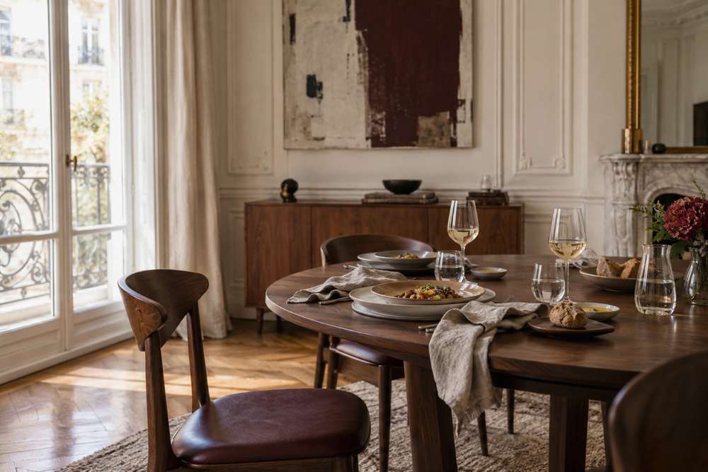 Ambiance imaginée du Triangle d’or : table dressée dans un salon contemporain aux moulures claires, avec une peinture abstraite.