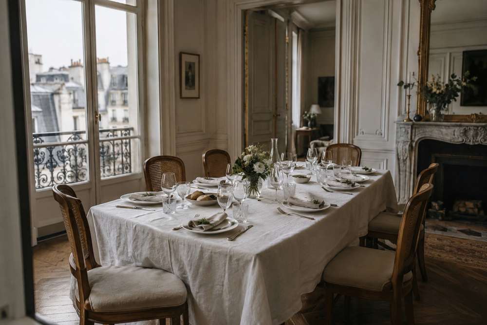 Table dressée dans un salon haussmannien : nappe de lin, fleurs blanches et fenêtres sur les toits de Paris en lumière naturelle.