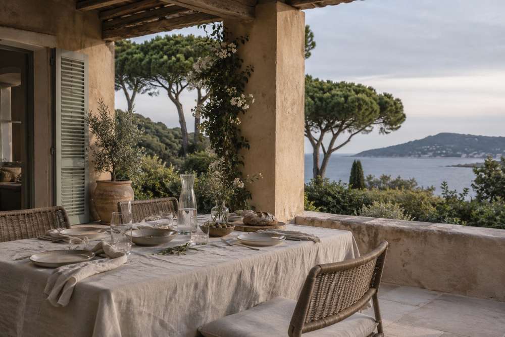 Table en lin sur une terrasse de villa sous une pergola, pins parasols et mer sous une lumière de fin de journée voilée.